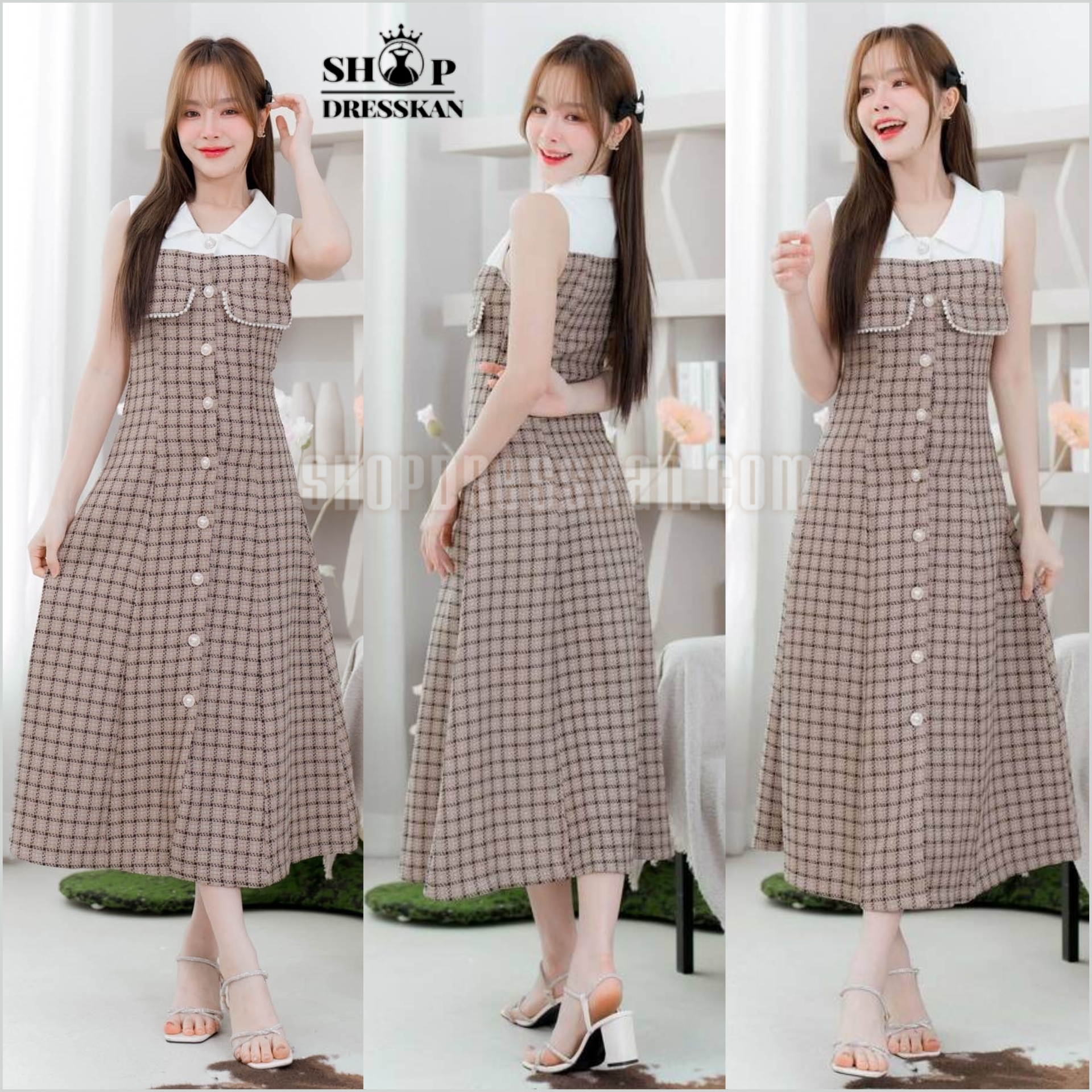 ❌หมดทุกไซส์ค่ะ❌: ชุดเดรสแฟชั่นยาวงานป้ายคุณภาพ⭐[ S-M-L-XL ] :: ชุดเดรสยาวผ้าทวิส คอปกขาว กระดุมหน้า แต่งกระเป๋าหลอก กระโปรงทรงพริ้วสวย บุซับใน เนื้อผ้าดีสวมใส่สบาย ใส่เที่ยวคาเฟ่เก๋ๆ
