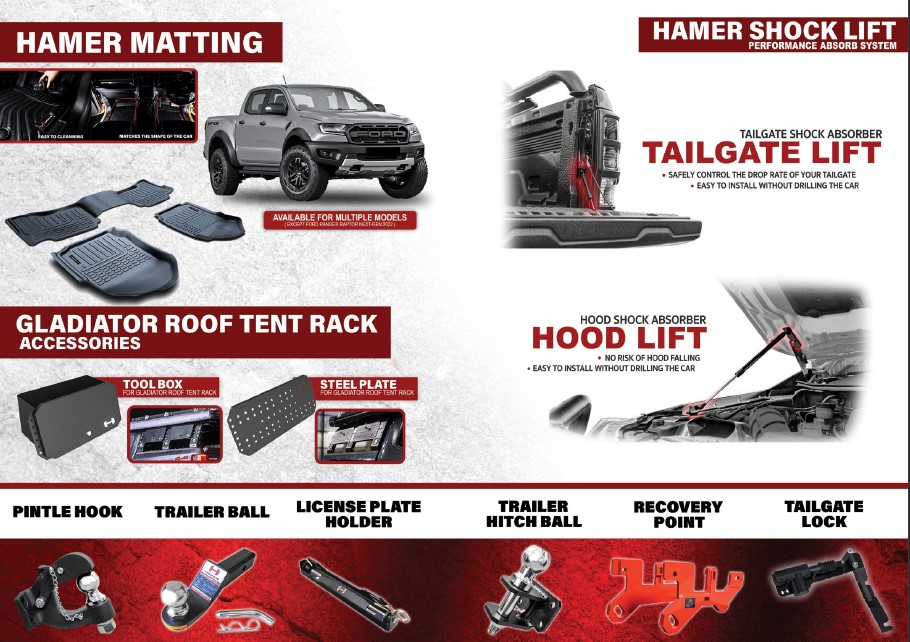 HAMER MATTING & GLADIATOR ROOF TENT RACK & TAIL GATE LIFT & HOOD LIFT