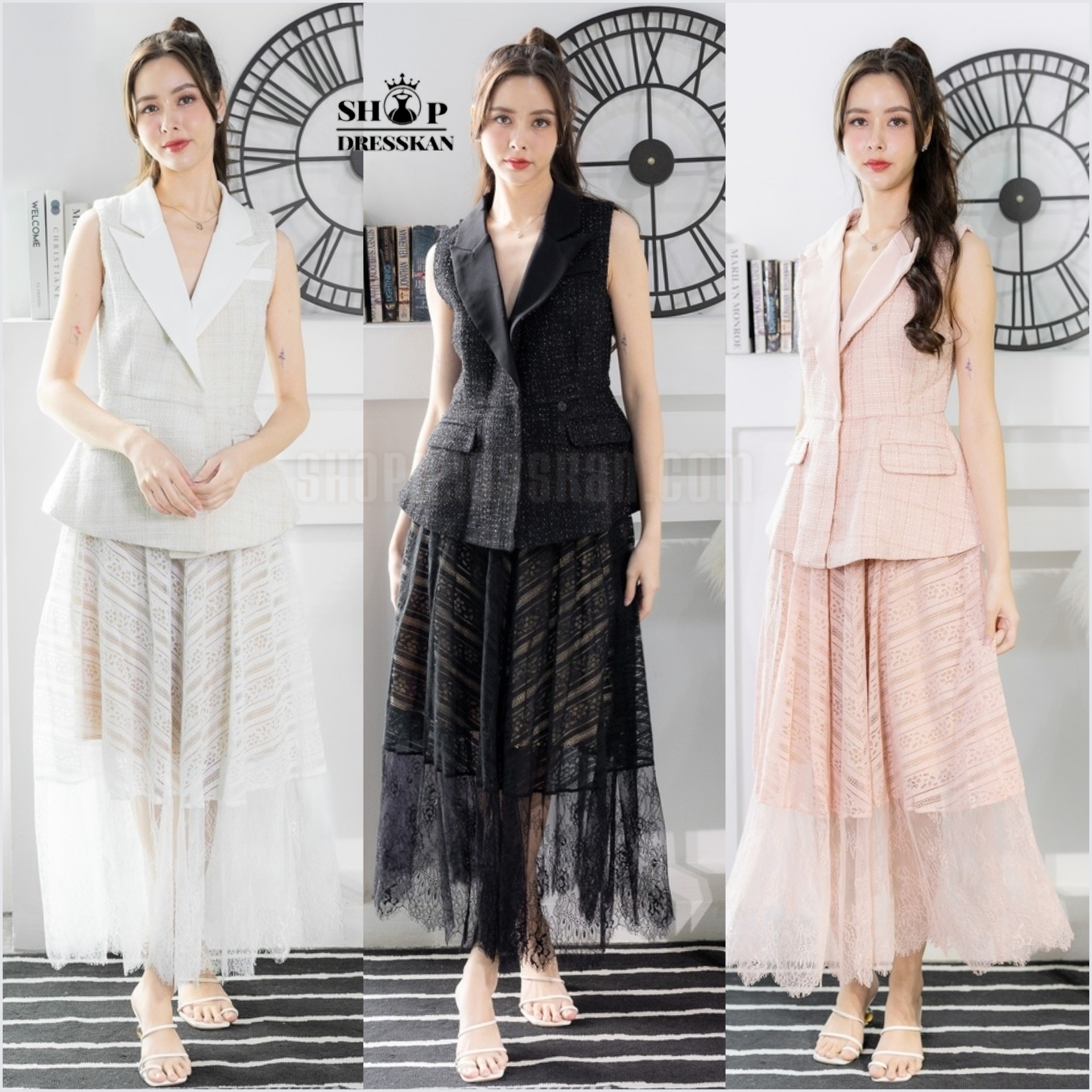 งานป้ายคุณภาพ⭐มีพร้อมส่ง[ S-M-L-XL ] :: เซ็ต 2 ชิ้น เสื้อทรงปกสูท แมทซ์เข้ากับกระโปรงทรงยาวพริ้วสวย ผ้าลูกไม้ตาข่ายเกรดดี ซิปซ่อนหลัง บุซับใน ใส่สวยได้หลายโอกาส
