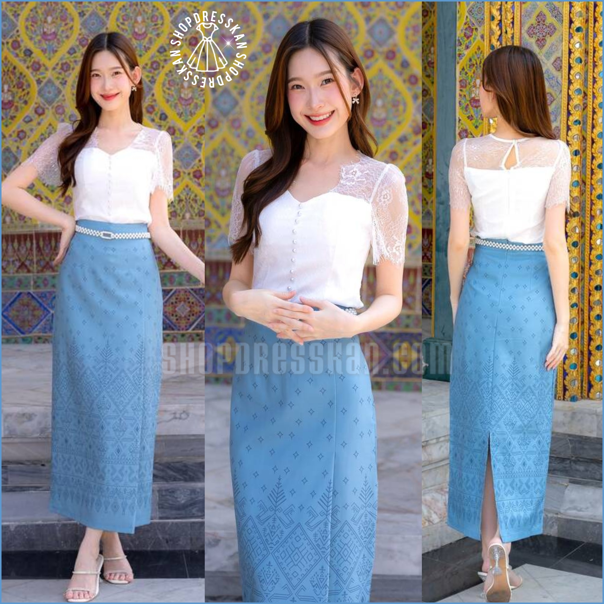 ❌หมดทุกไซส์ค่ะ❌⭐ขุดเดรสผ้าไทยประยุกต์งานป้ายคุณภาพ :: [ S-M-L-XL-2XL ] :: เซ็ต 2 ชิ้น เสื้อลูกไม้ แต่งกระดุมมุก แมทเข้ากับกระโปรงยาวผ้าลายไทยทรงป้ายหน้า ผ้าเนื้อดีสวมใส่สบาย ใส่ซิปหลัง บุซับใน ใส่ออกงาน ใส่สวยได้หลายโอกาส