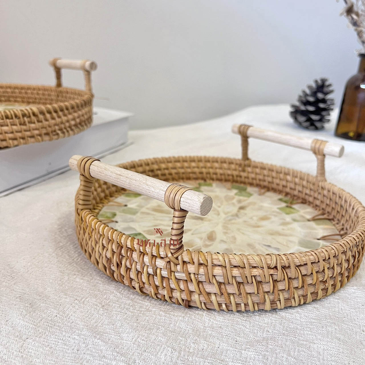 ถาดหวายแต่งโมเสก ถาดใส่อาหาร พร็อพถ่ายรูป Rattanly Mosaic Tray⭐