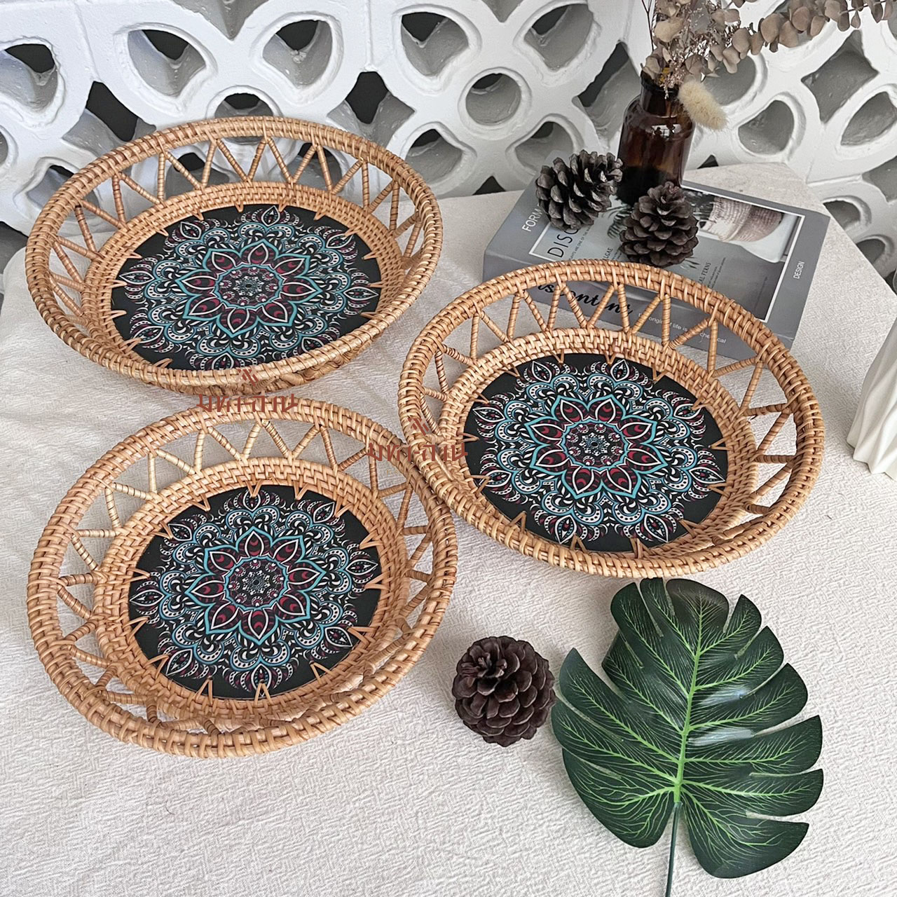 จานหวายสาน จานเพ้นท์ จานวินเทจ ถาดใส่อาหาร ทรงกลม พร็อพถ่ายรูป Rattan Tray🎨
