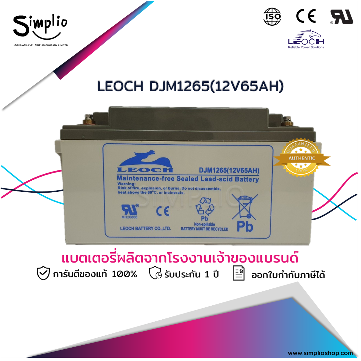 Leoch Battery DJM1265 (12V65AH) แบตเตอรี่แห้ง VRLA (แบตแห้ง)