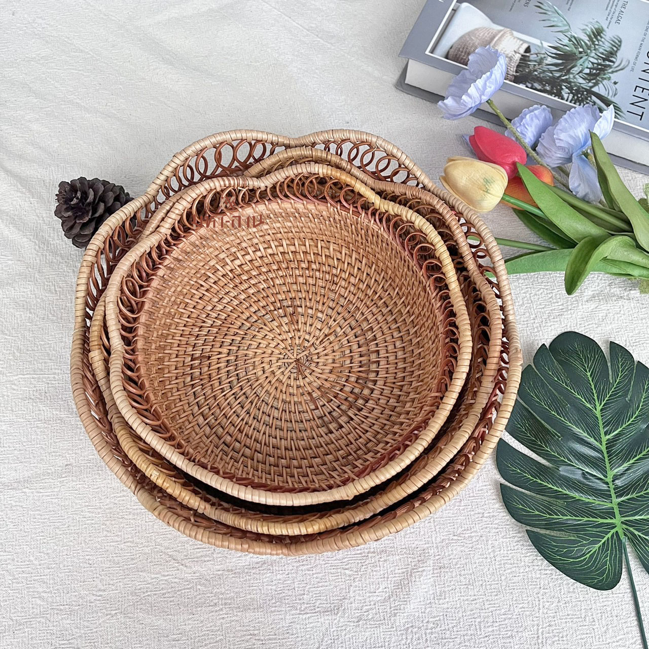ถ้วยหวายสาน โฮมคาเฟ่ ถาดใส่อาหาร ทรงกลม พร็อพถ่ายรูป Rattanly Tray🤎