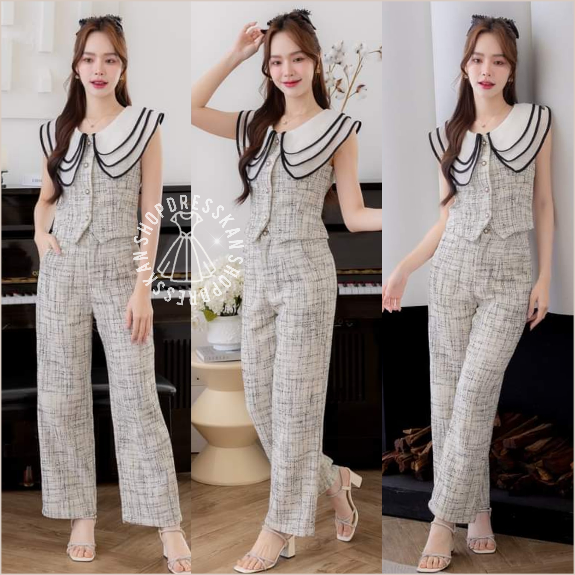 ✔️พร้อมส่ง : ชุดเซ็ท2ชิ้นงานป้ายคุณภาพ⭐[ S-M-L-XL ] :: เซ็ต 2 ชิ้น เสื้อครอปคอปกระบายกระดุมหน้า แมทซ์เข้ากับกางเกงขายาว ผ้าทวิสเนื้อดีสวมใส่สบาย ดีไซน์สวยเก๋ ใส่สวยได้หลายโอกาส