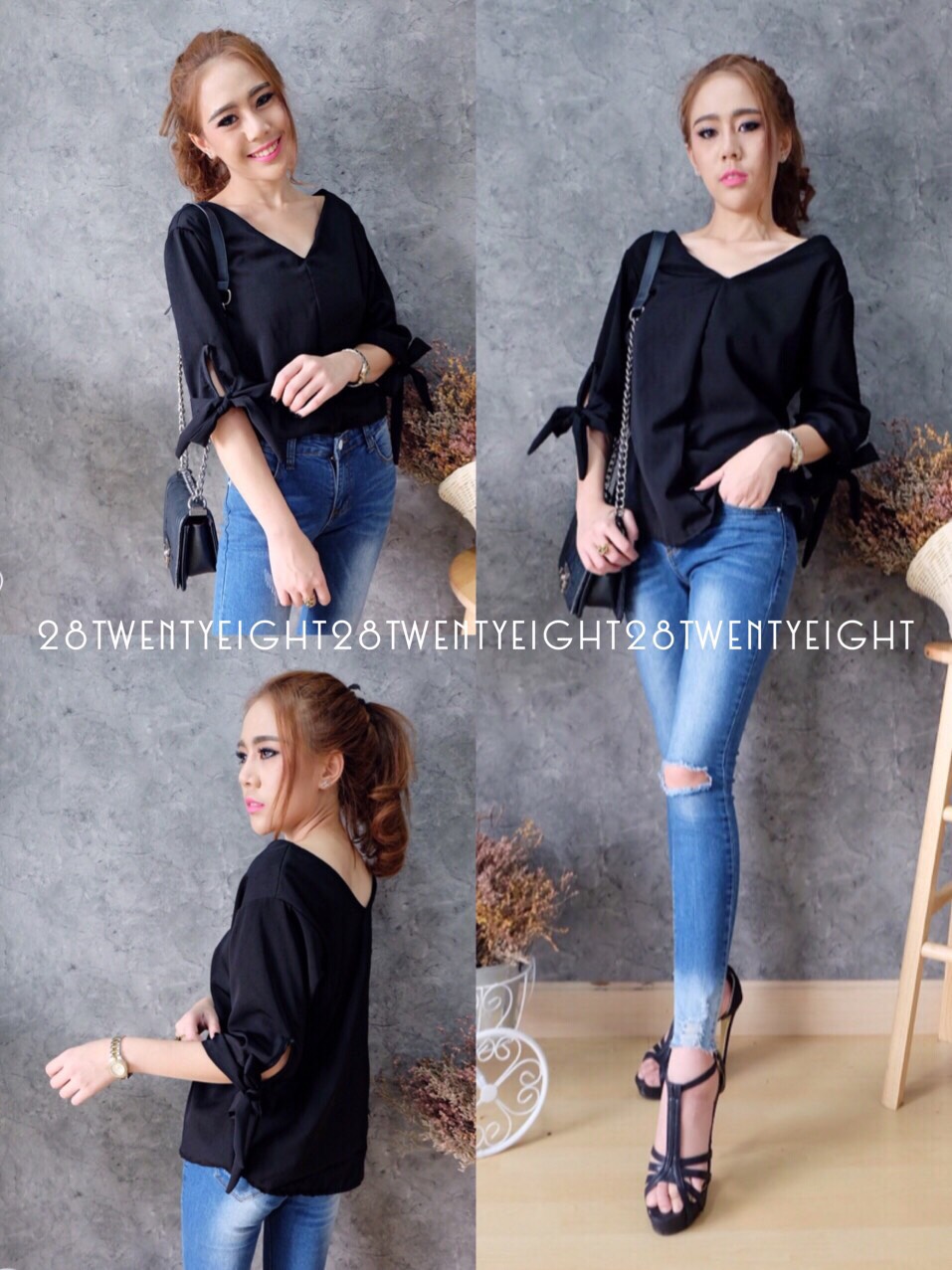 เสื้อคอวีหน้าหลัง แต่งดีเทลผูกโบว์ตรงแขน ทรงเรียบเก๋ สีดำพื้น