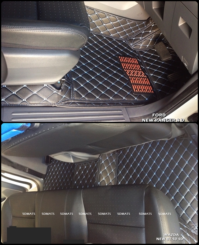 พรมปูพื้นรถยนต์ 6D MAZDA BT-50 PRO 4ประตู ปี2012-19 พรม6D สีดำด้ายฟ้า (3ชิ้น)