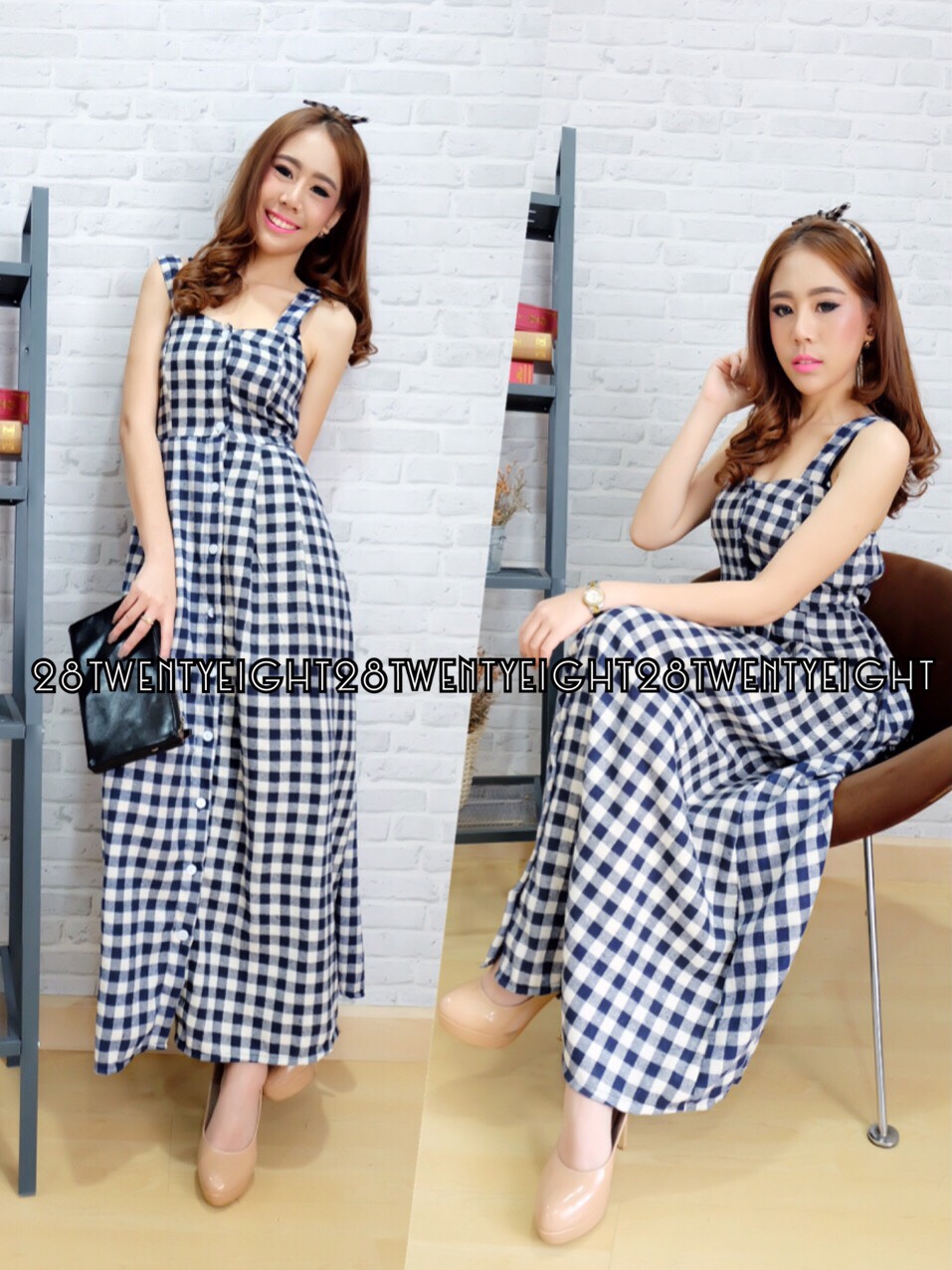 เดรสลายสก๊อต ทรงยาวติดกระดุมเรียงด้านหน้าสม็อคหลัง