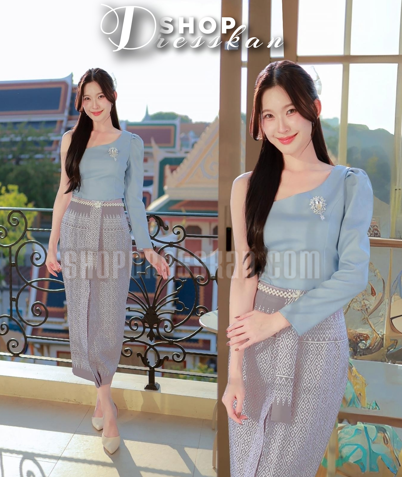 ❌หมดทุกไซส์ค่ะ❌⭐ขุดเดรสผ้าไทยประยุกต์งานป้ายคุณภาพ :: [ S-M-L-XL-2XL ] :: เซ็ต 2 ชิ้น เสื้อไหล่เดี่ยวแขนยาว แมทเข้ากับกระโปรงยาวจีบหน้านาง ผ้าพิมพ์ลายไทย ใส่สวยพรางหุ่น ซิปหลัง ใส่ออกงานสวยๆ