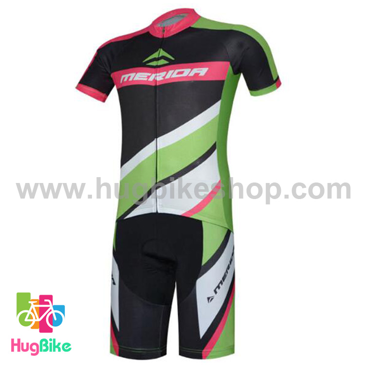 ชุดจักรยานแขนสั้นทีม Merida 17 (01) สีดำลายเขียวขาวชมพู