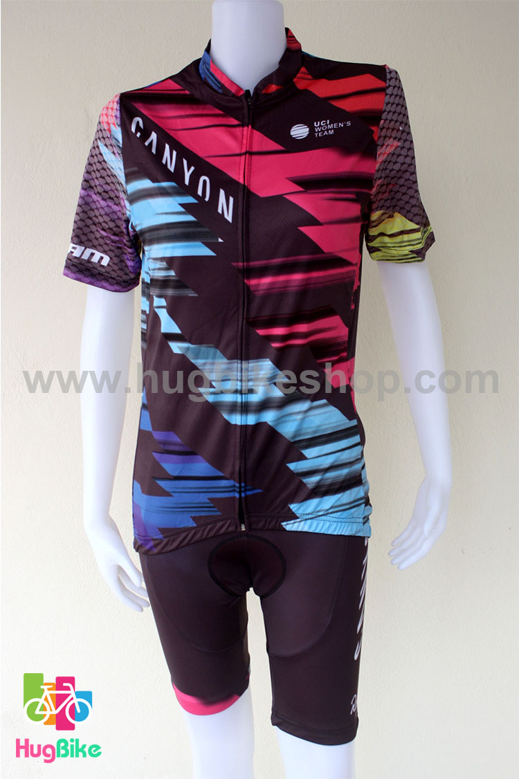 ชุดจักรยานผู้หญิงแขนสั้นขาสั้น Canyon 16 (01) สีดำลายน้ำเงินฟ้าบานเย็น