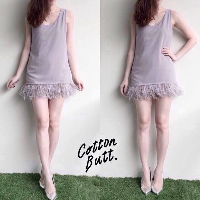 เดรสแขนกุด ชายขนนก2ชั้นอย่างดี