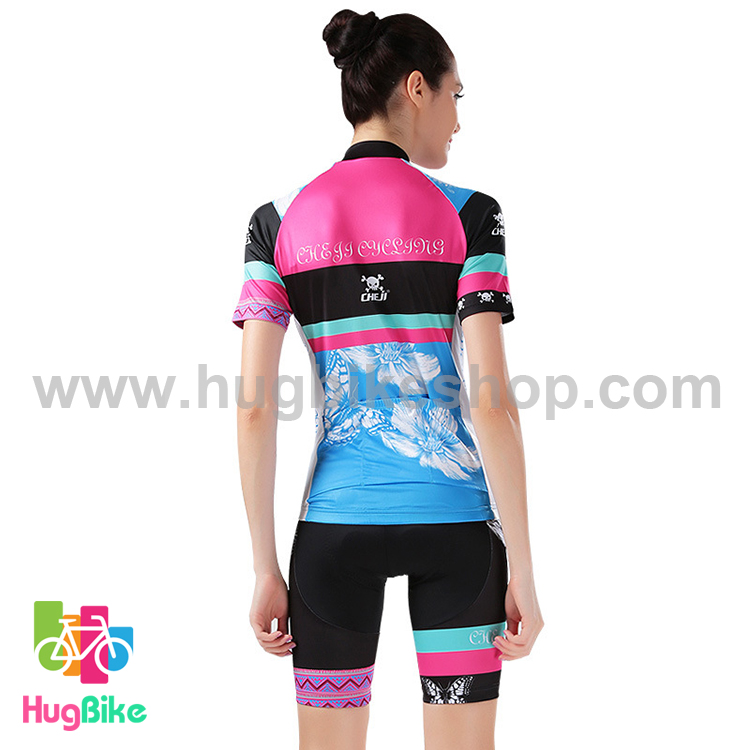 ชุดจักรยานผู้หญิงแขนสั้นขาสั้น CheJi 15 (05) สีชมพูดำเขียวลายผีเสื้อ