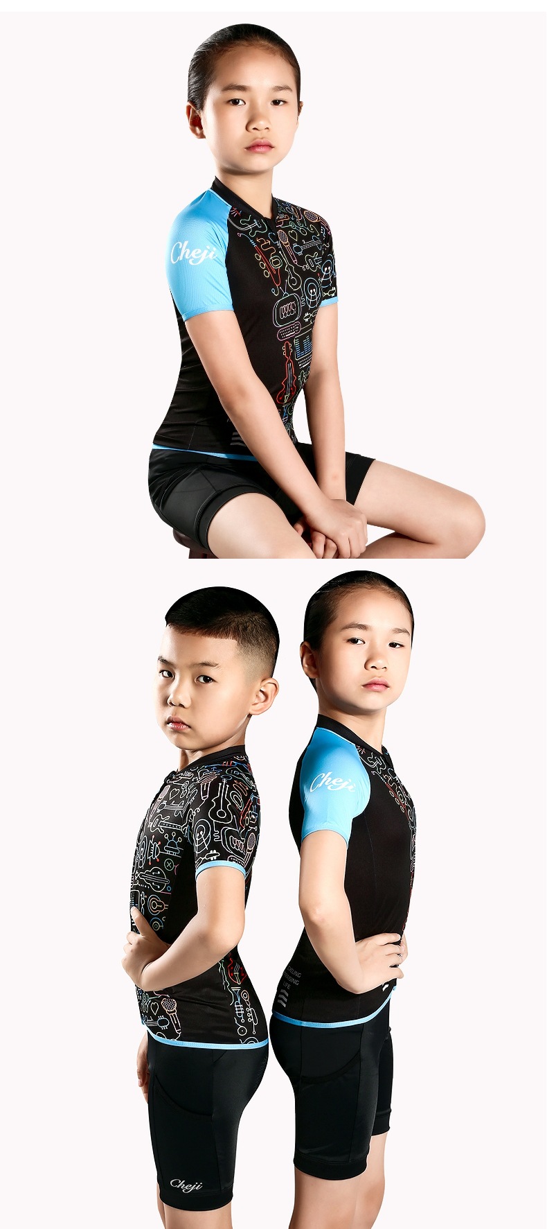 ชุดจักรยานเด็กแขนสั้นขาสั้น CheJi 19 (06) สีดำฟ้าลาย