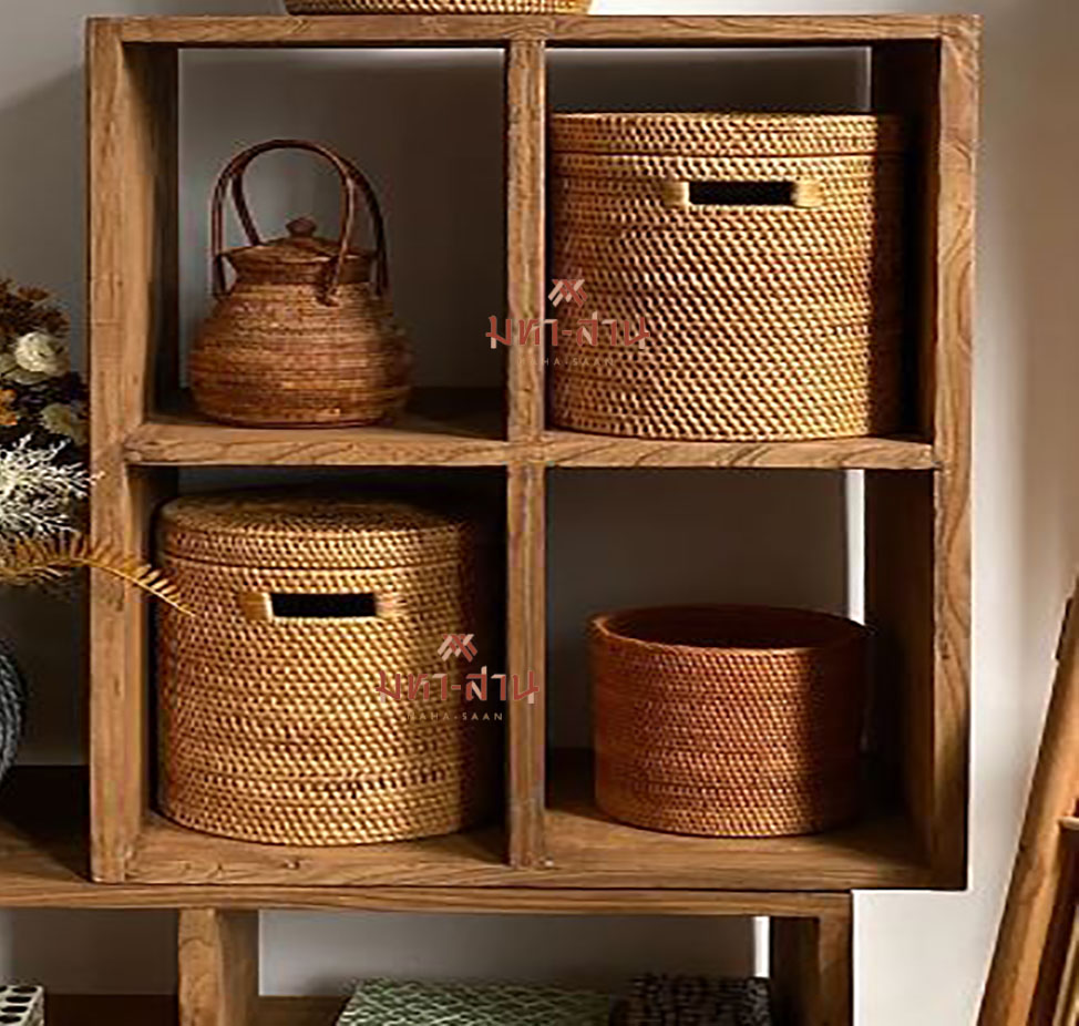 ตะกร้าผ้า เก็บของ กระถางต้นไม้ ถังฝาปิด พร็อพถ่ายรูป rattan tray🧺