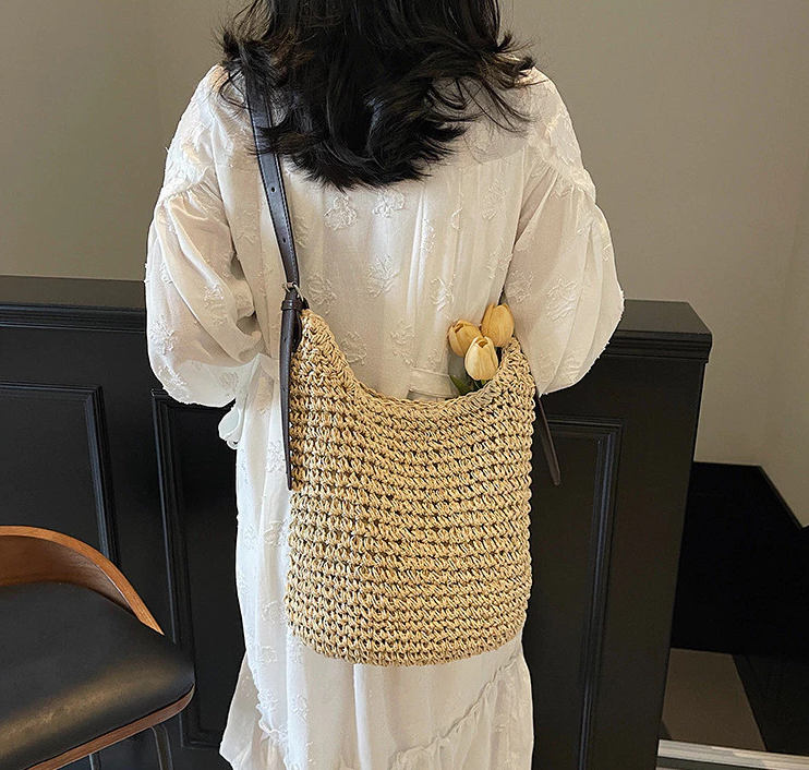 กระเป๋าสานเกาหลี สะพายสายหนัง แฟชั่นมินิมอล สายปรับได้🎐