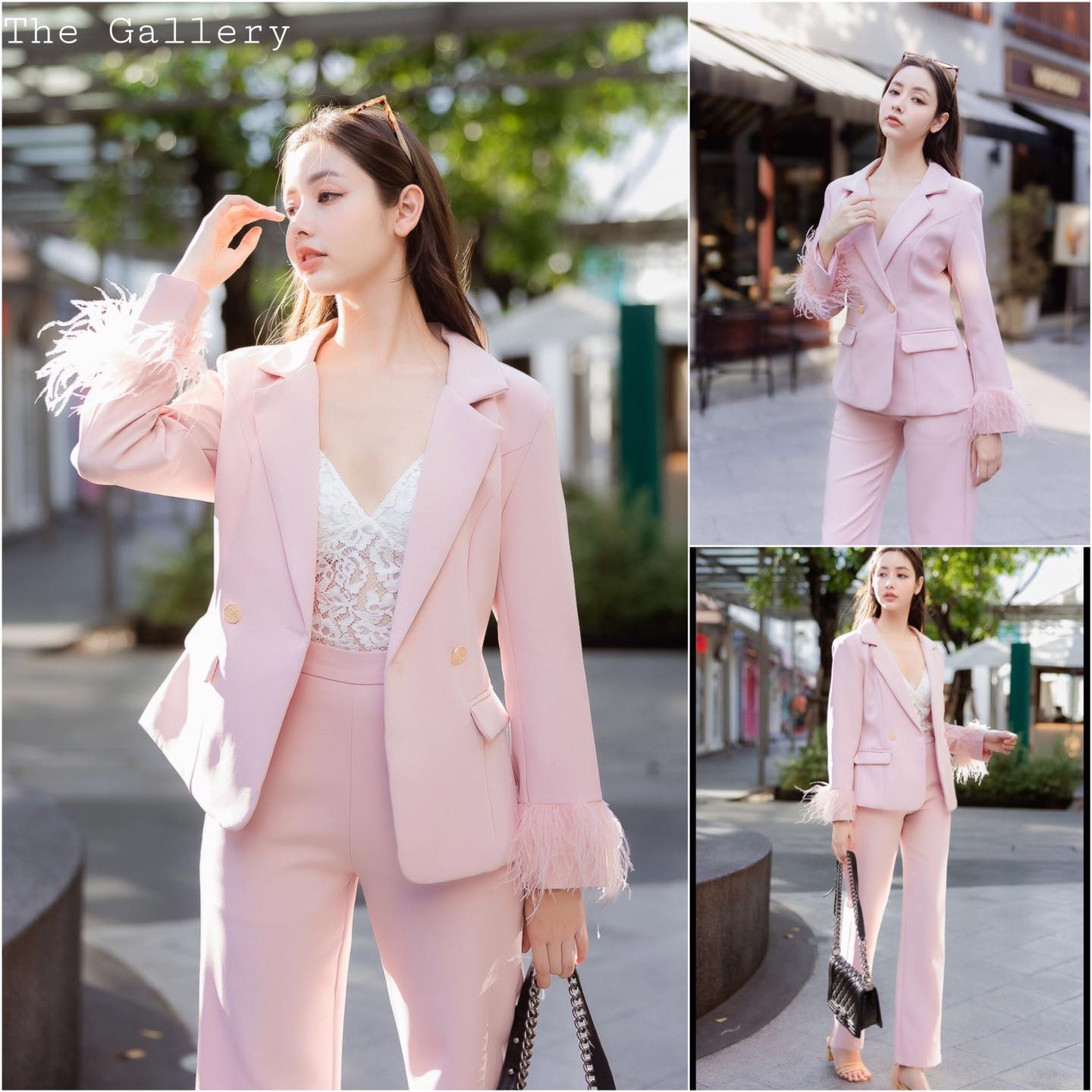 ชุดเซ็ต สูท+ กางเกงขายาว ตัดต่อขนนกฟรุ้งฟริ้งมาก พร้อมแต่งกระดุมสีทองหรูหราสุดๆ จะใส่ทำงาน ออกงาน หรือจัดตรีมปาร์ตี้ก็สวยจบ