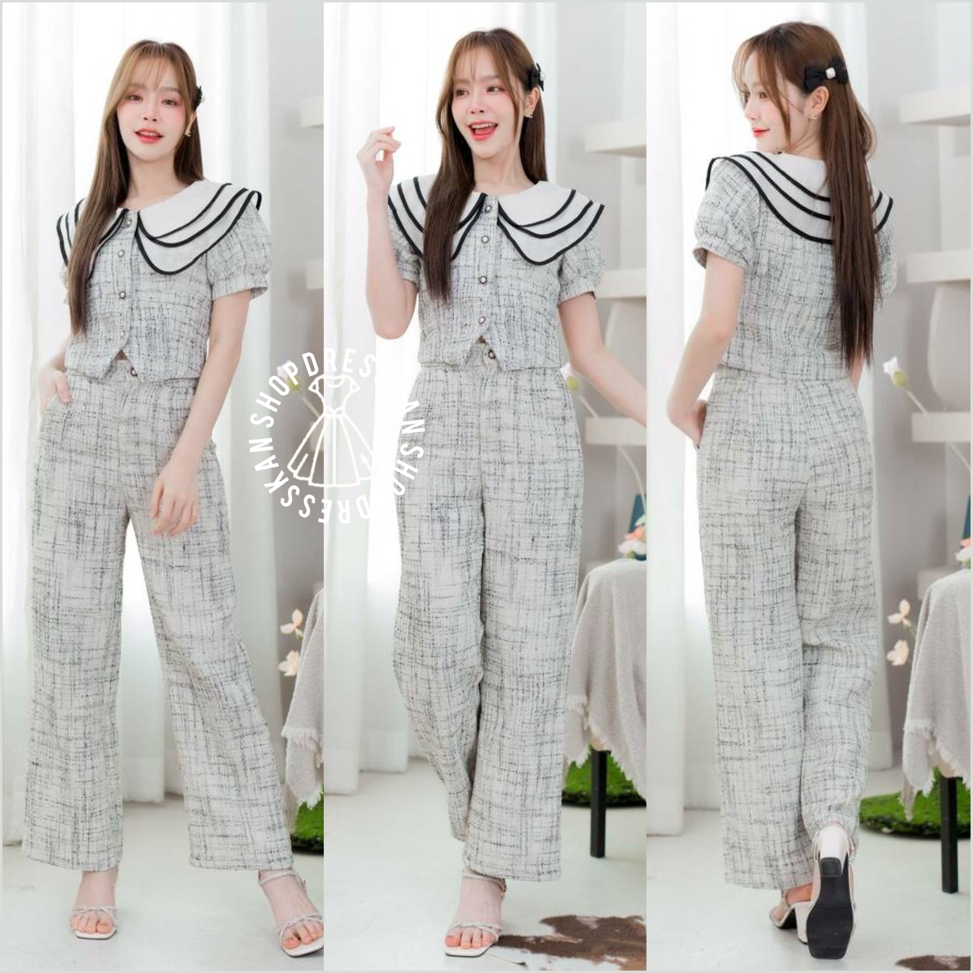 ❌หมดทุกไซส์ค่ะ❌ : ชุดเซ็ท2ชิ้นงานป้ายคุณภาพ⭐[ S-M-L-XL ] :: เซ็ท 2 ชิ้นผ้าทวิส เสื้อคอปกระบาย3ชั้นกระดุมหน้น แขนตุ๊กตา แมทซ์เข้ากับกางเกงขายาว ผ้าเนื้อดีสวมใส่สบาย ดีไซน์สวยเก๋ ใส่สวยได้หลายโอกาส