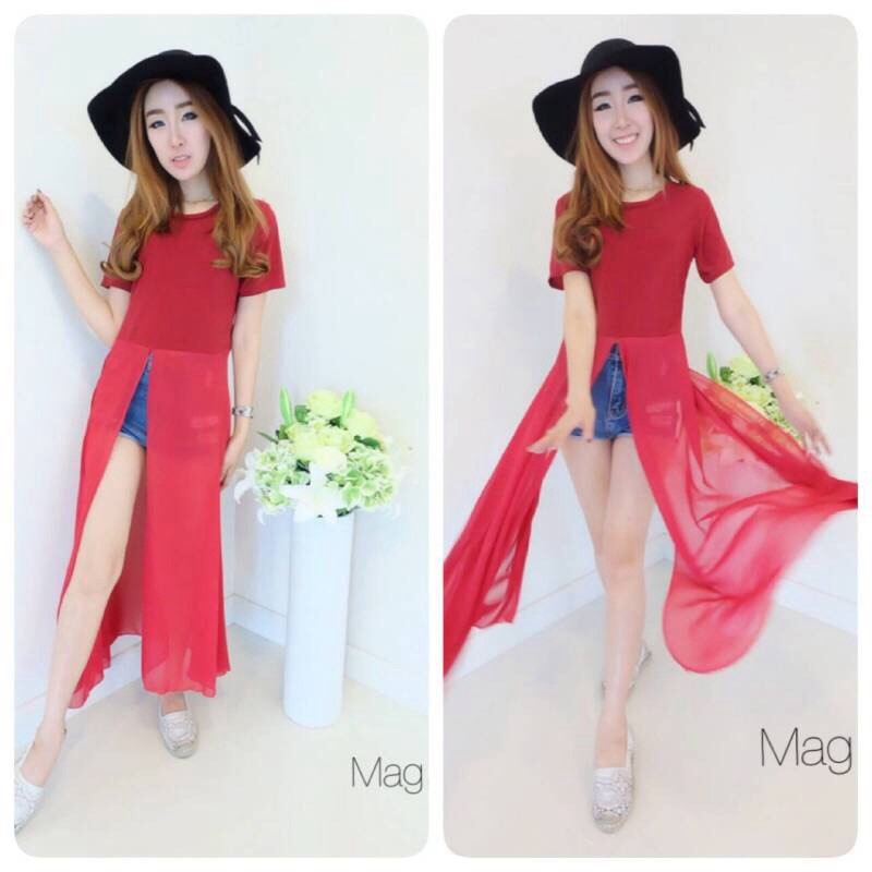 เสื้อยืดคอกลมแขนสั้นตัวยาว