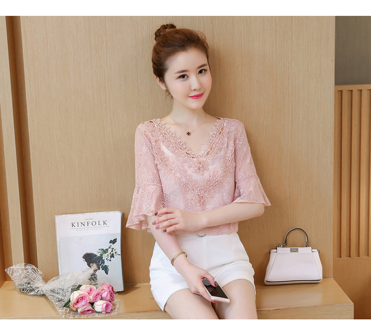 เสื้อเกาหลีเสื้อลูกไม้ชีฟองหญิงแขนสั้น (สีเหลือง)