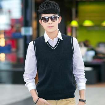 ฤดูใบไม้ผลิแขนกุดเสื้อขนสัตว์ถักเสื้อกั๊กชาย V เสื้อไหมพรมสไตล์เกาหลีสลิมผู้ชายเสื้อกั๊กขนชายเสื้อกั๊กน้ำเบลเซอร์แขนกุด
