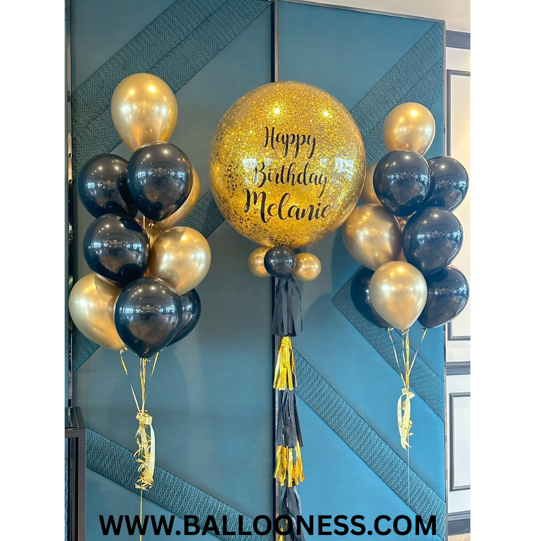 เซทลูกโป่งวันเกิด โทนสีทอง ดำ ขนาด 36นิ้ว + ช่อลูกโป่ง 10ลูก 2ช่อ