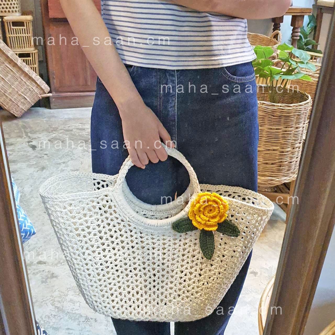 กระเป๋าถักเชือกฟอก สีพื้น คล้องแขน สไตล์มินิมอล พร้อมส่ง 🌸 Crochet Sunflower Bag