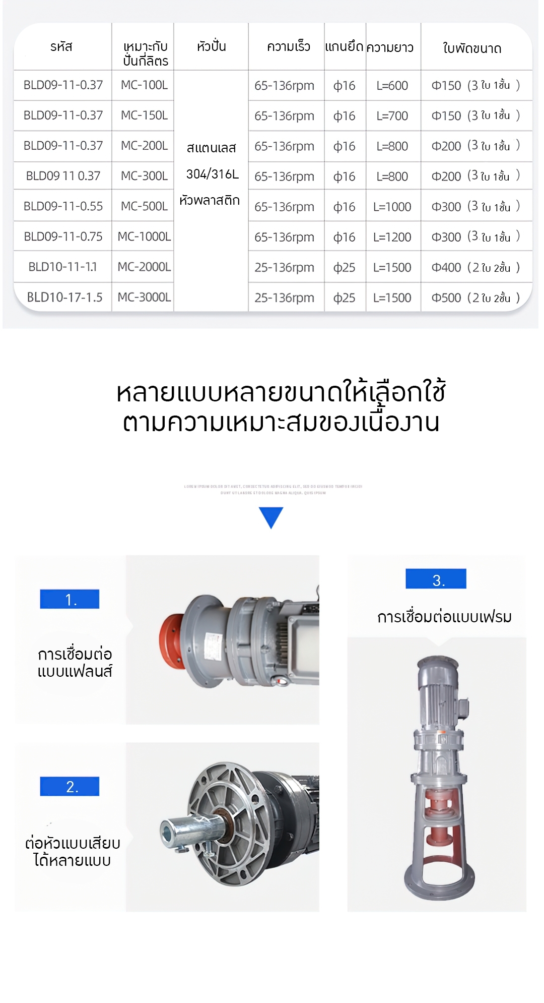 มอเตอร์พร้อมหัวปั่น หัวปั่นสแตนเลส 304 316L หัวพลาสติก รุ่น BLD09 chemical mixer motor