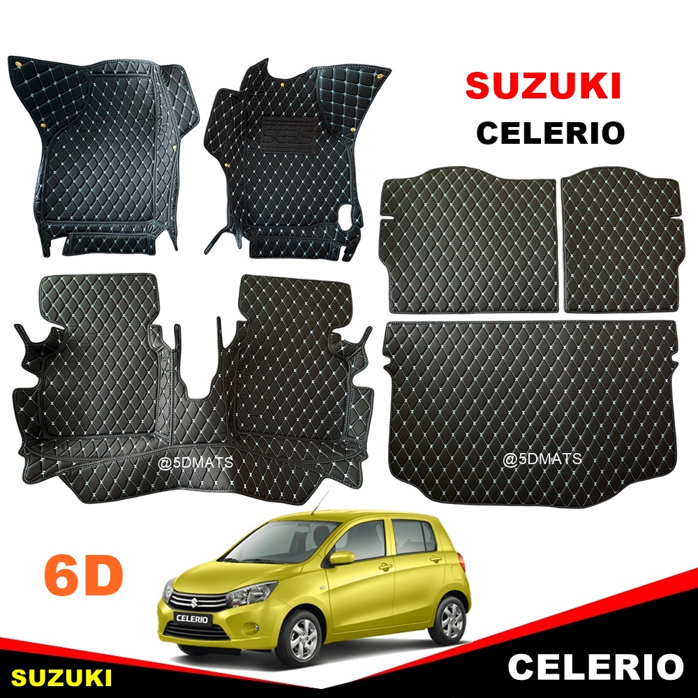 พรมปูพื้นรถยนต์ 6D SUZUKI CELERIO พรม6D ซูซุกิ เซเลริโอ สีดำด้ายฟ้า เข้ารูป เต็มคัน
