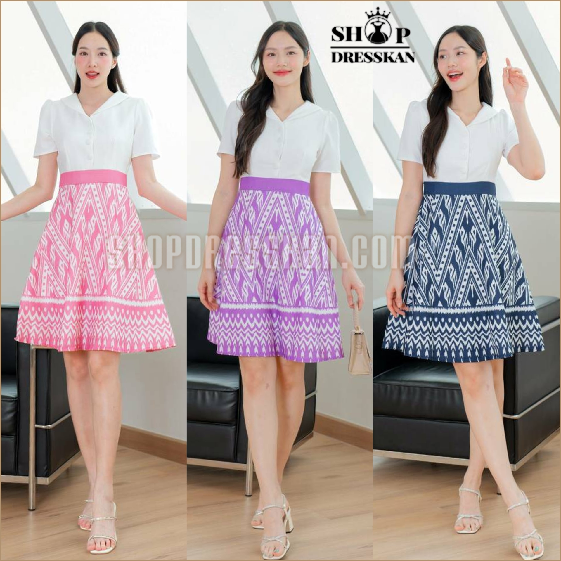 ✔️มีพร้อมส่ง : ชุดเดรสแฟชั่นงานป้ายราคาถูก [ S-M-L-XL] :: ชุดเดรสตัวเสื้อสีพื้นคอบัว แต่งกระดุม ตัดต่อกระโปรงผ้าพิมพ์ลายไทยทรงบานน่ารัก ซิปซ่อนหลัง บุซับใน ผ้าเนื้อดีสวมใส่สบาย ใส่ทำงาน ใส่ออกงานสวย สำเนา