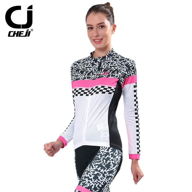 ชุดจักรยานผู้หญิงแขนยาวขายาว CheJi 15 (02) สีขาวลายดำชมพู
