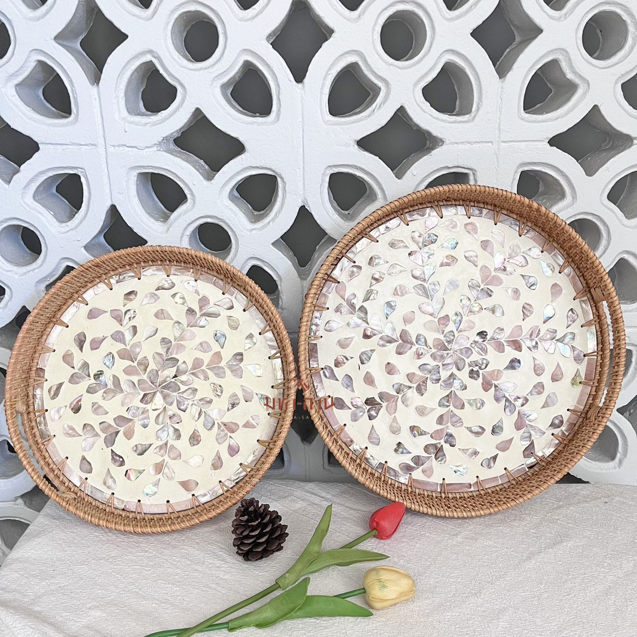 ถาดหวายแต่งโมเสก ถาดสปา ถาดใส่อาหาร พร็อพถ่ายรูป Rattanly Mosaic Tray🌷