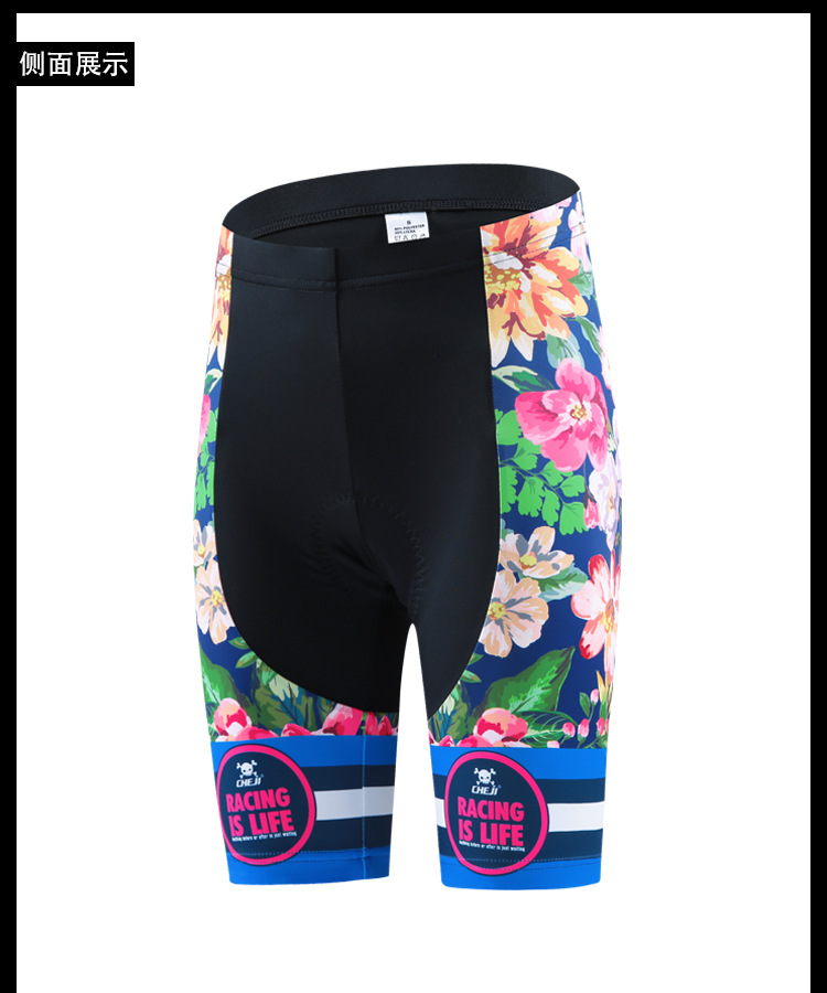 ชุดจักรยานผู้หญิงแขนสั้นขาสั้น CheJi 16 (01) สีน้าเงิน ลายดอกไม้ Recing is life