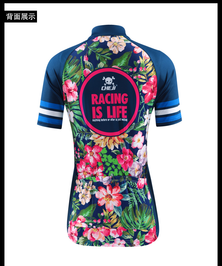 ชุดจักรยานผู้หญิงแขนสั้นขาสั้น CheJi 16 (01) สีน้าเงิน ลายดอกไม้ Recing is life