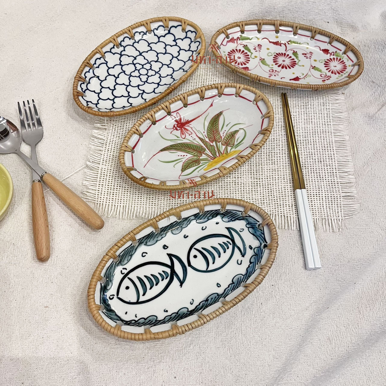 ถ้วยเล็ก ถาดจิ๋ว จานใส่อาหาร จานเซรามิค พร็อพถ่ายรูป แต่งขอบหวาย🥯 Japanese Rattan Snack