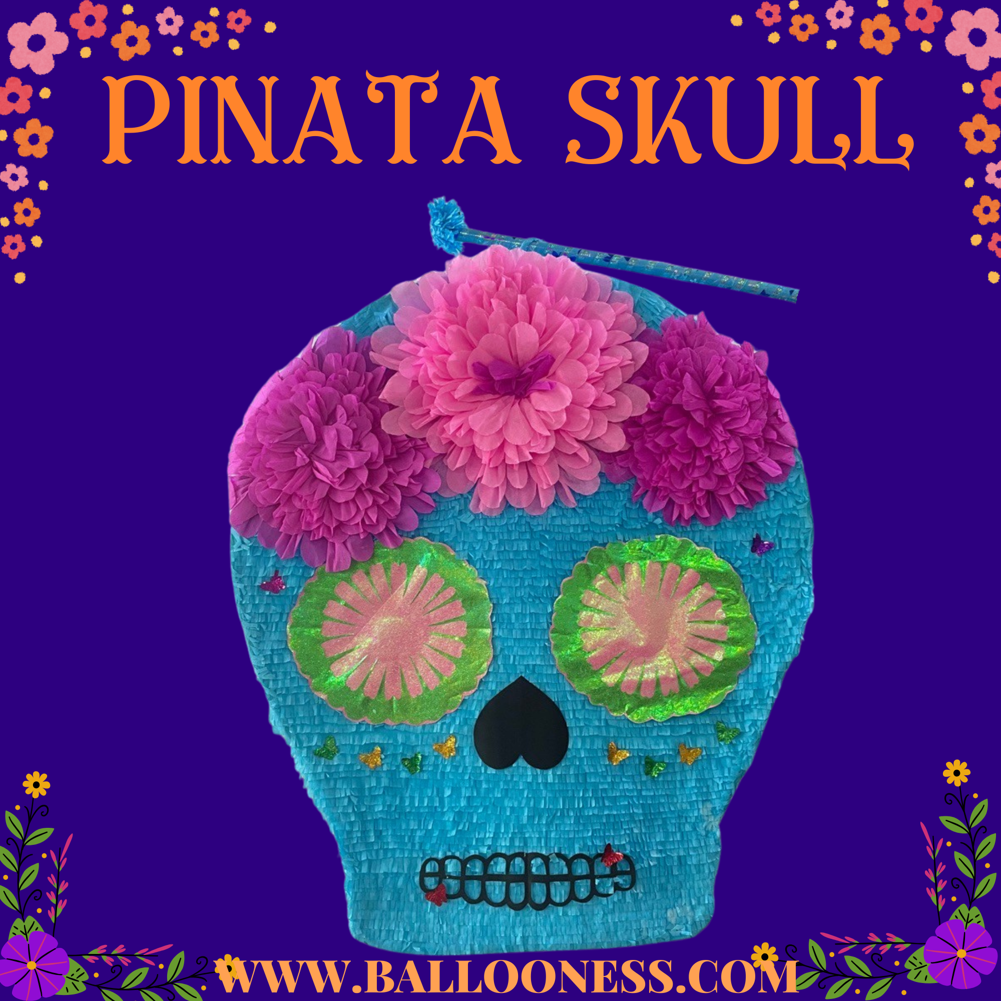 พินาต้า หัวกระโหลก / Pinata Skull Dia da los muertos พร้อมไม้ตี (ไม่มีขนม)
