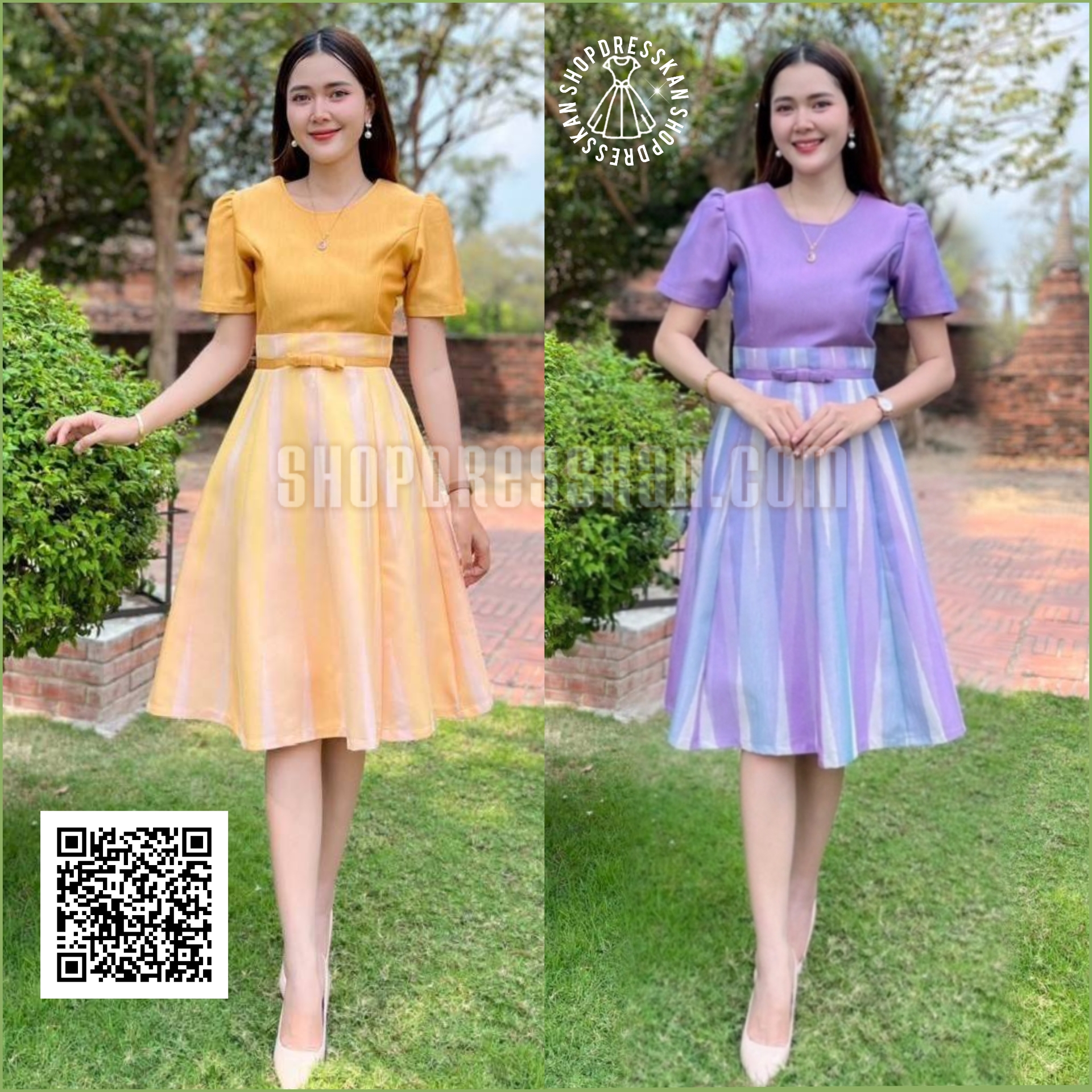 ❌หมดทุกสีทุกไซส์ค่ะ❌ : [ XS-S-M-L-XL] :: ชุดเดรสผ้ามัดหมี่ทอลายไทย ตัดต่อเหมือนงาน2ชิ้น คาดโบว์หน้า กระโปรงทรงบาน8ชิ้น ซิปซ่อนหลัง งานอัดกาวทั้งชุด ใส่ทำงาน ใส่ออกงานสวยๆ
