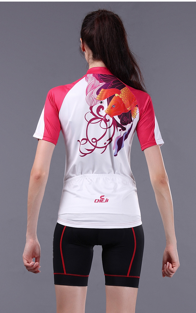 ชุดจักรยานผู้หญิงแขนสั้นขาสั้น CheJi 14 (08) สีขาวแดงลายปลาคราฟ