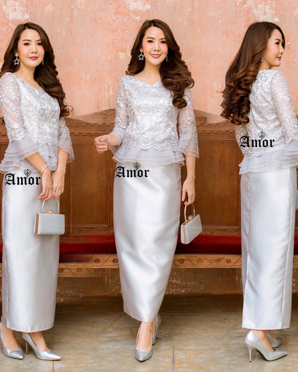 ชุดเซตใส่ออกงาน ตัวเสื้อเป็นเนื้อลูกไม้ใยบวบลายสวยปักกริ้ตเตอร์ทั้งตัวเสื้อ ตกแต่งชายเสื้อและชายแขนด้วยผ้าออแกนซ่า3ชั้น👚เสื้อซิปหลัง 👗กระโปรงซิปหลัง ผ้าไหมเทียมค่ะ