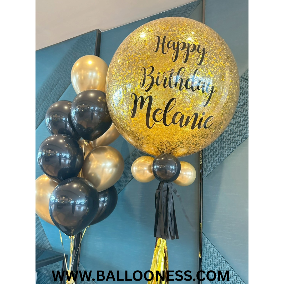 เซทลูกโป่งวันเกิด โทนสีทอง ดำ ขนาด 36นิ้ว + ช่อลูกโป่ง 10ลูก 2ช่อ