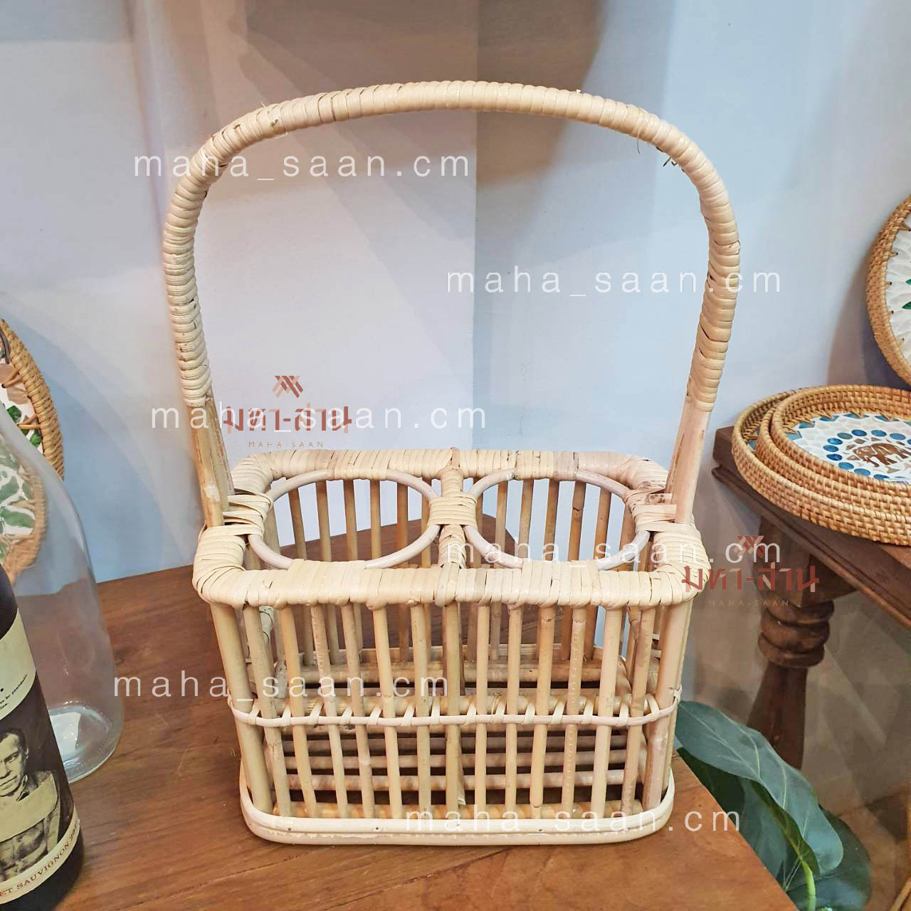ตะกร้าหวายใส่ขวดน้ำ ขวดไวน์ แก้วน้ำ ทรงเหลี่ยม 2 ช่อง Bottle basket🍾
