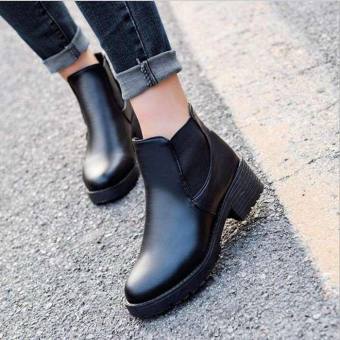 ใหม่ผู้หญิงสีดำ Lady Patch หนัง PU SLIP - ON รองเท้าบูทหุ้มข้อส้นสูงระดับกลางรองเท้า D237