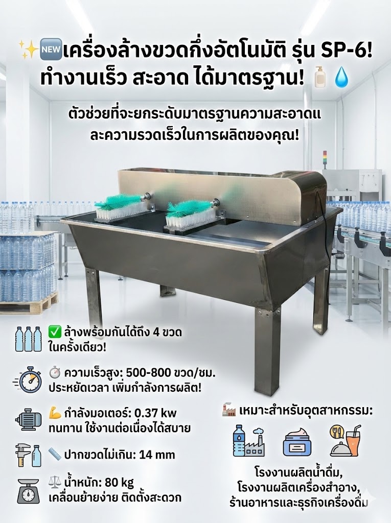 🌈15945 เครื่องทำความสะอาดขวดพลาสติก ขวดแก้ว กึ่งอัตโนมัติ รุ่น SP-6