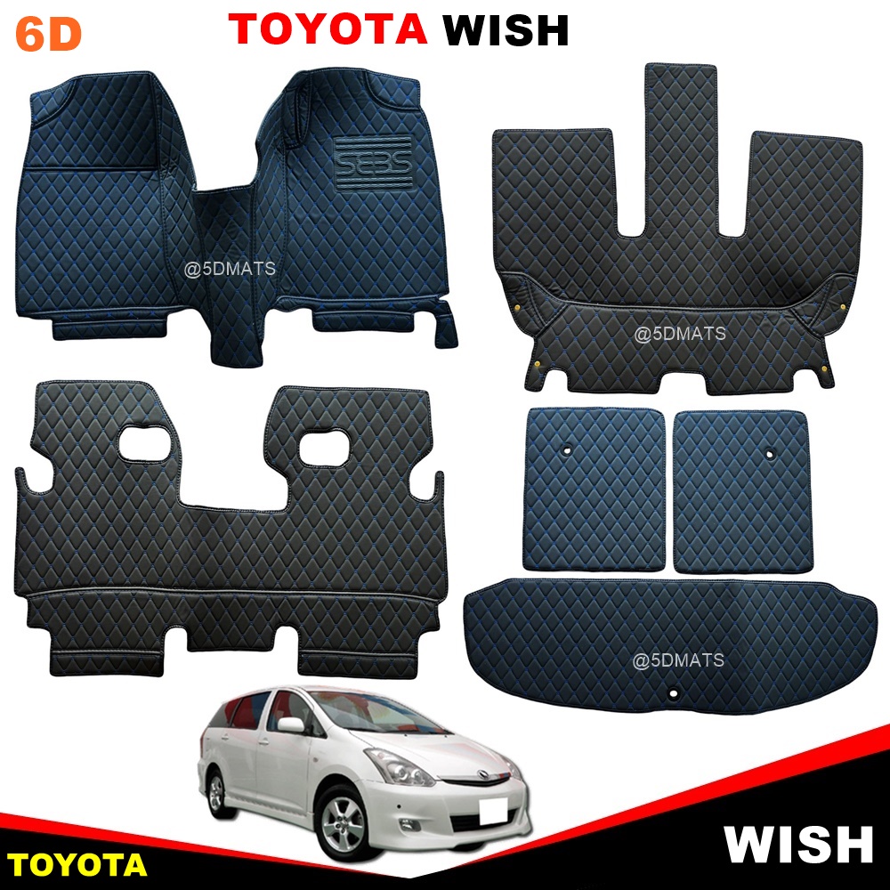 พรมปูพื้นรถยนต์ 6D TOYOTA WISH พรม6D โตโยต้า วิช สีดำด้ายฟ้า เข้ารูป เต็มคัน