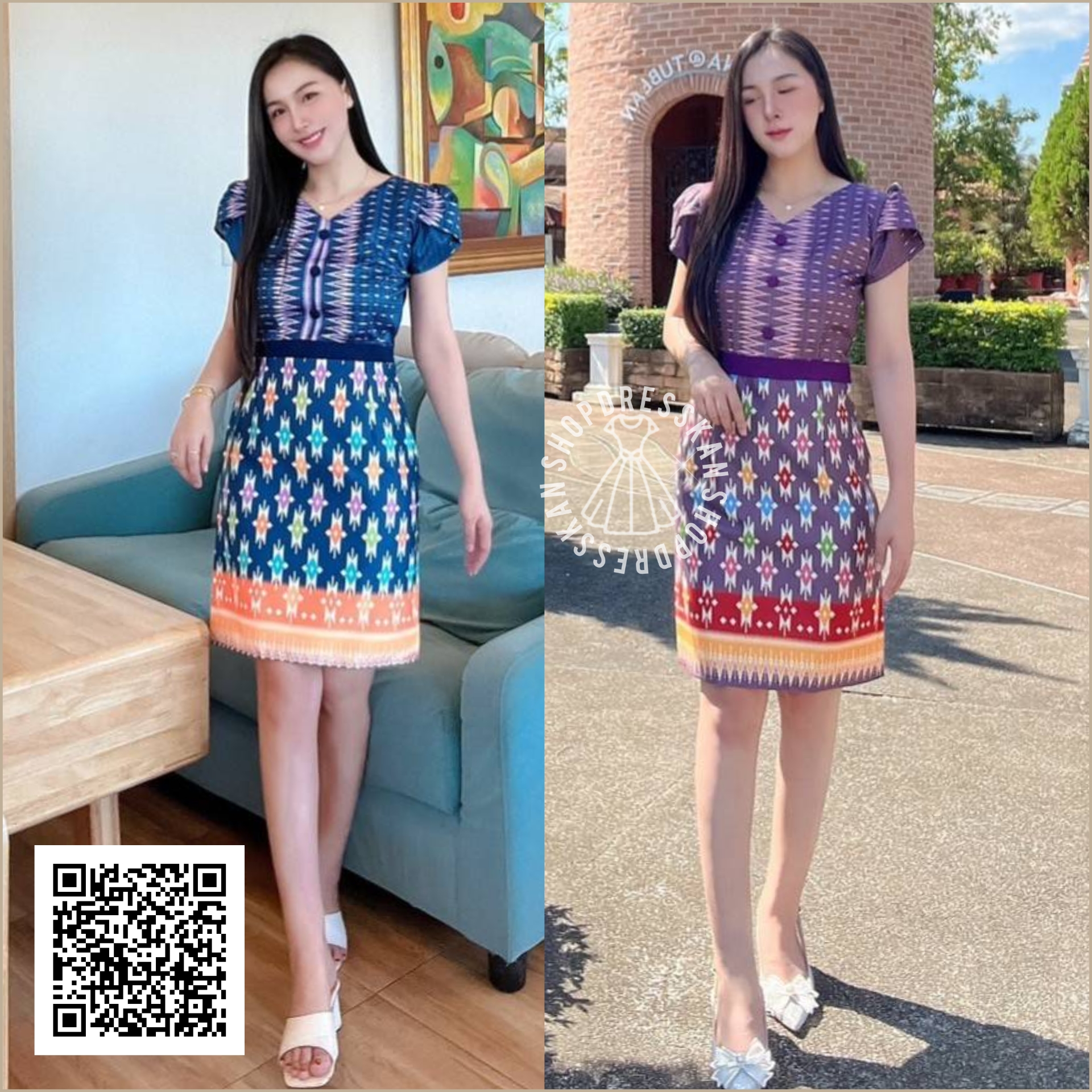 ✔️พร้อมส่ง : [ S-M-L-XL-2XL ] :: ชุดเดรสผ้าฝ้ายพิมพ์ลายไทยกราฟฟิกเนื้อเกรดดี แขนกลีบบัว คอวีแต่งกระดุม ทรงสวย ซิปซ่อนหลัง งานอัดกาวทั้งชุด ใส่ทำงาน ใส่ออกงานสวยๆ สำเนา