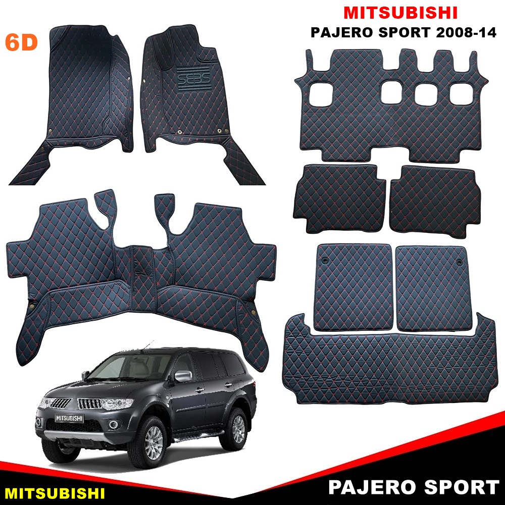 พรมปูพื้นรถยนต์ 6D MITSUBISHI PAJERO SPORT ปี2008-14 พรม6D ปาเจโร่ สปอร์ต สีดำด้ายแดง เข้ารูป ภายในรถ เต็มคัน