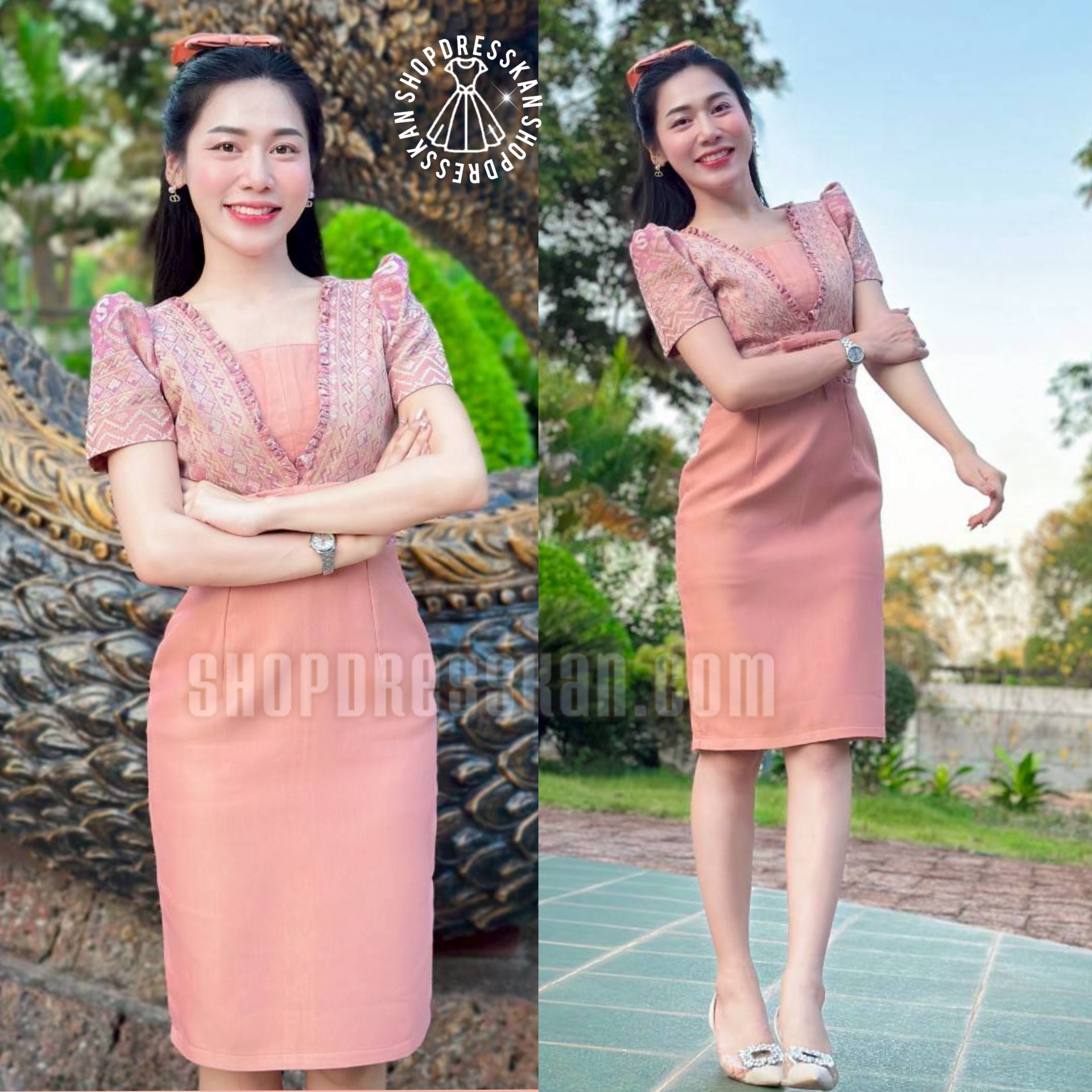 ✔️มีพร้อมส่ง : [ S-M-L-XL-2XL-3XL] :: ชุดเดรสผ้าทอลายไทยมัดหมี่ ดีเทลคอวีระบายแต่งโบว์ กระโปรงทรงสอบเข้ารูปสวย ซิปซ่อนหลัง งานอัดกาวทั้งชุด ใส่ทำงาน ใส่ออกงานสวยๆ