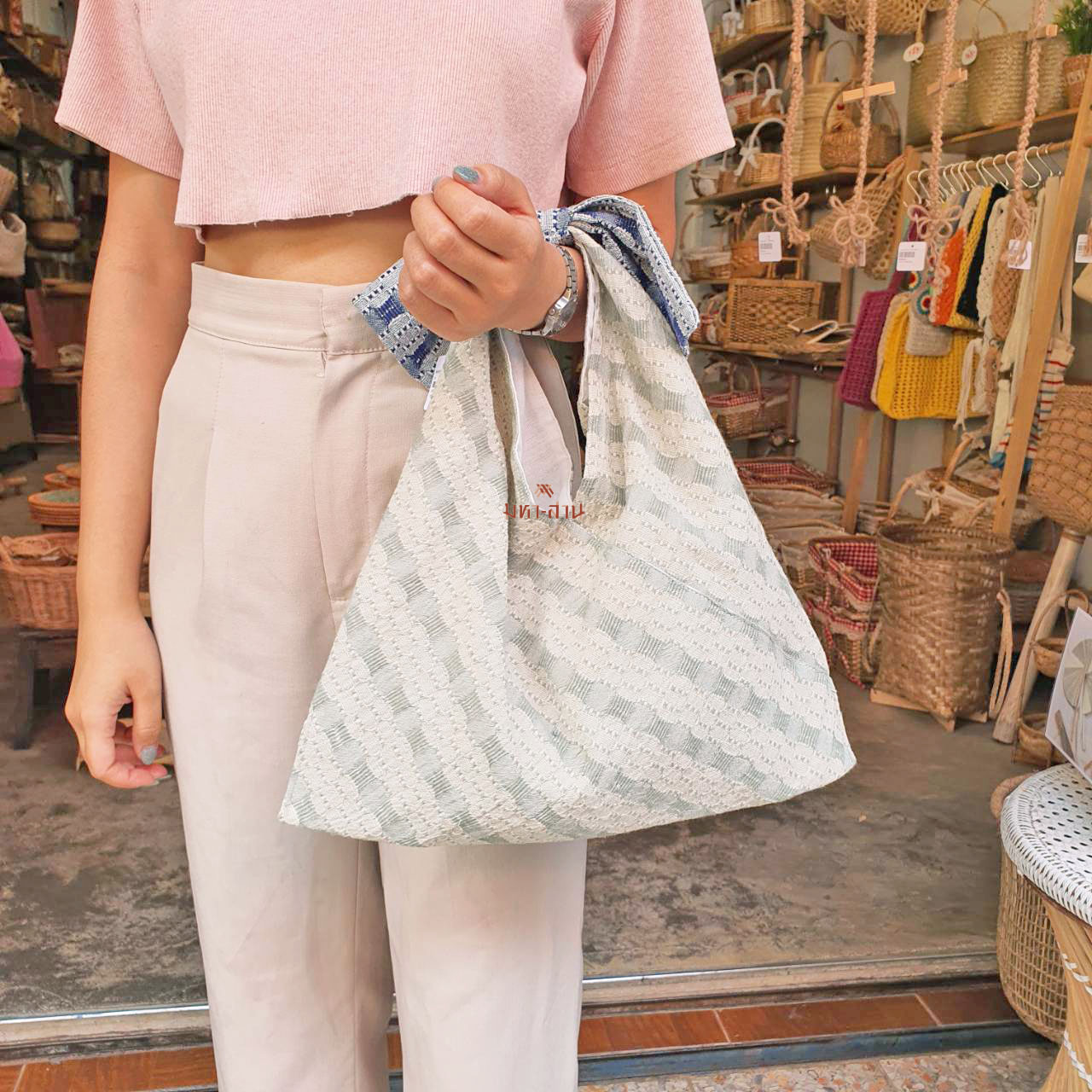 กระเป๋าผ้า ถุงผ้า แฟชั่น คล้องแขน แต่งโบว์ คละสี 🎀