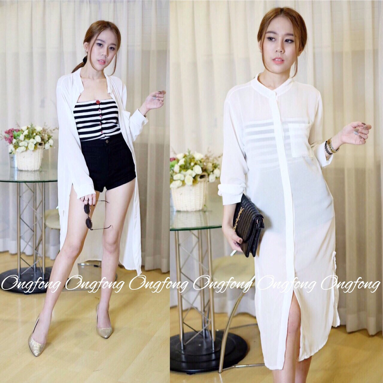 เสื้อคลุมยาว ผ้าชีฟอง แต่งกระดุม