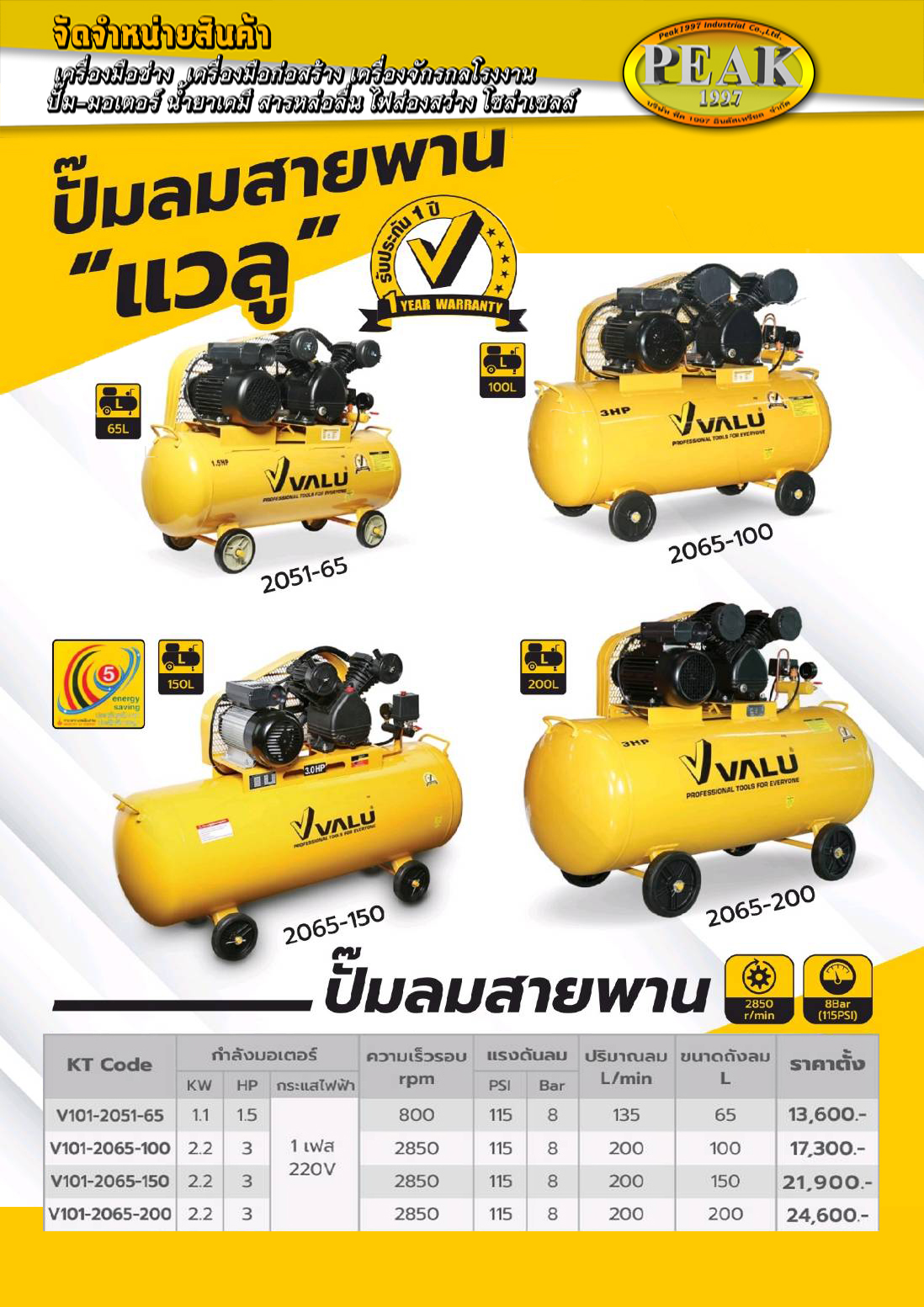 VALU ปั๊มลมสายพาน 1.1KW 1.5HP 65L 1เฟส 220V